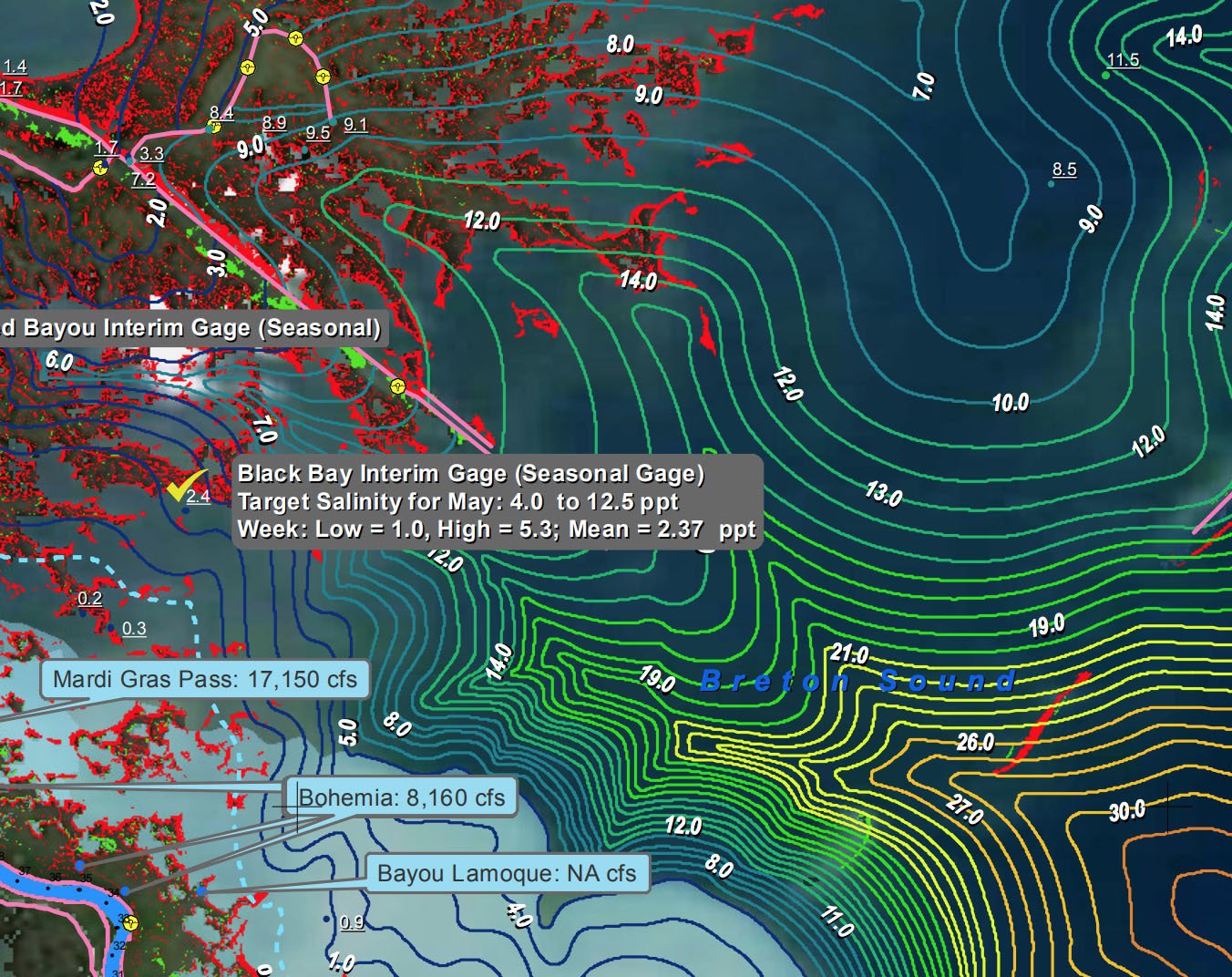 salinity map of mrgo long rocks