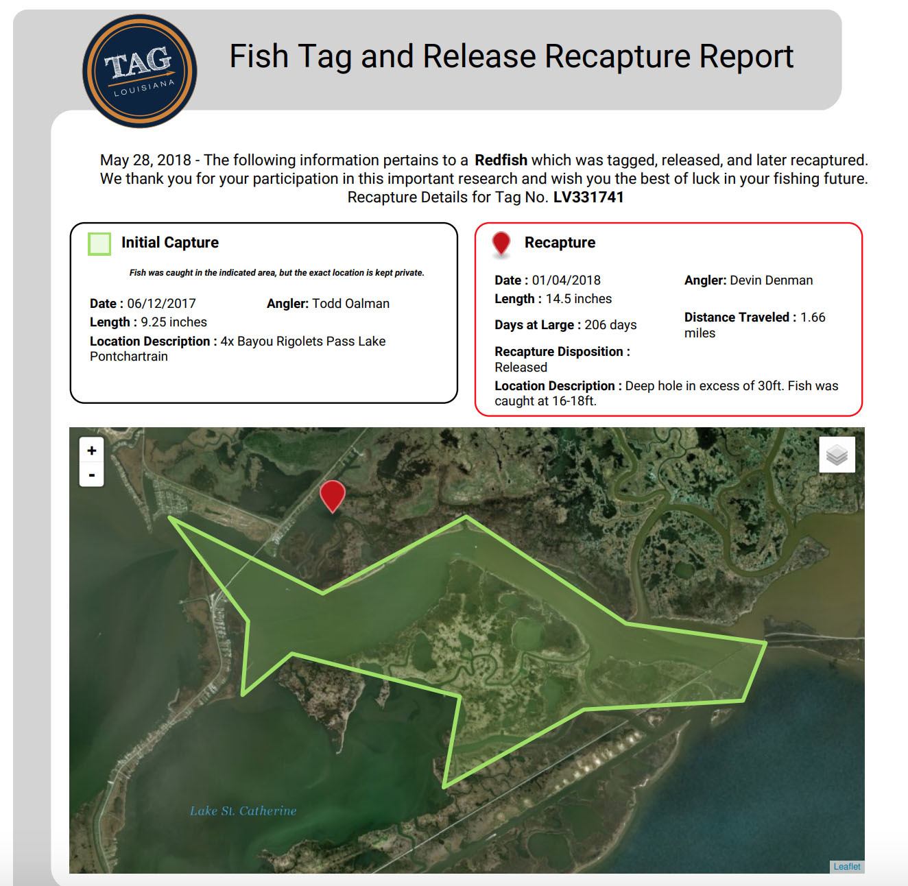 Redfish Geoghagen Slidell Louisiana Recapture Report