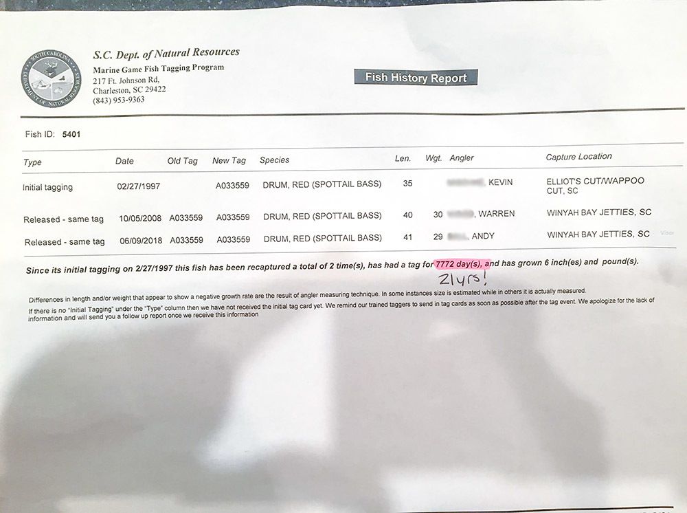South Carolina Redfish Recapture