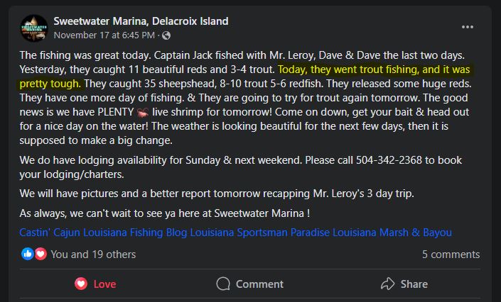 sweetwater marina fishing report captain jack payne speckled trout creel limit 2